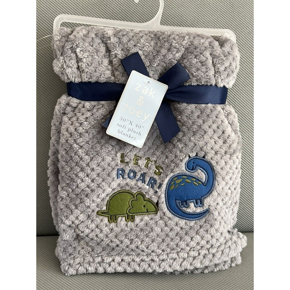 ZAK & ZOEY Baby Boy Embroidered Dinosaur Blanket Gray Jacquard Fleece Soft Plush